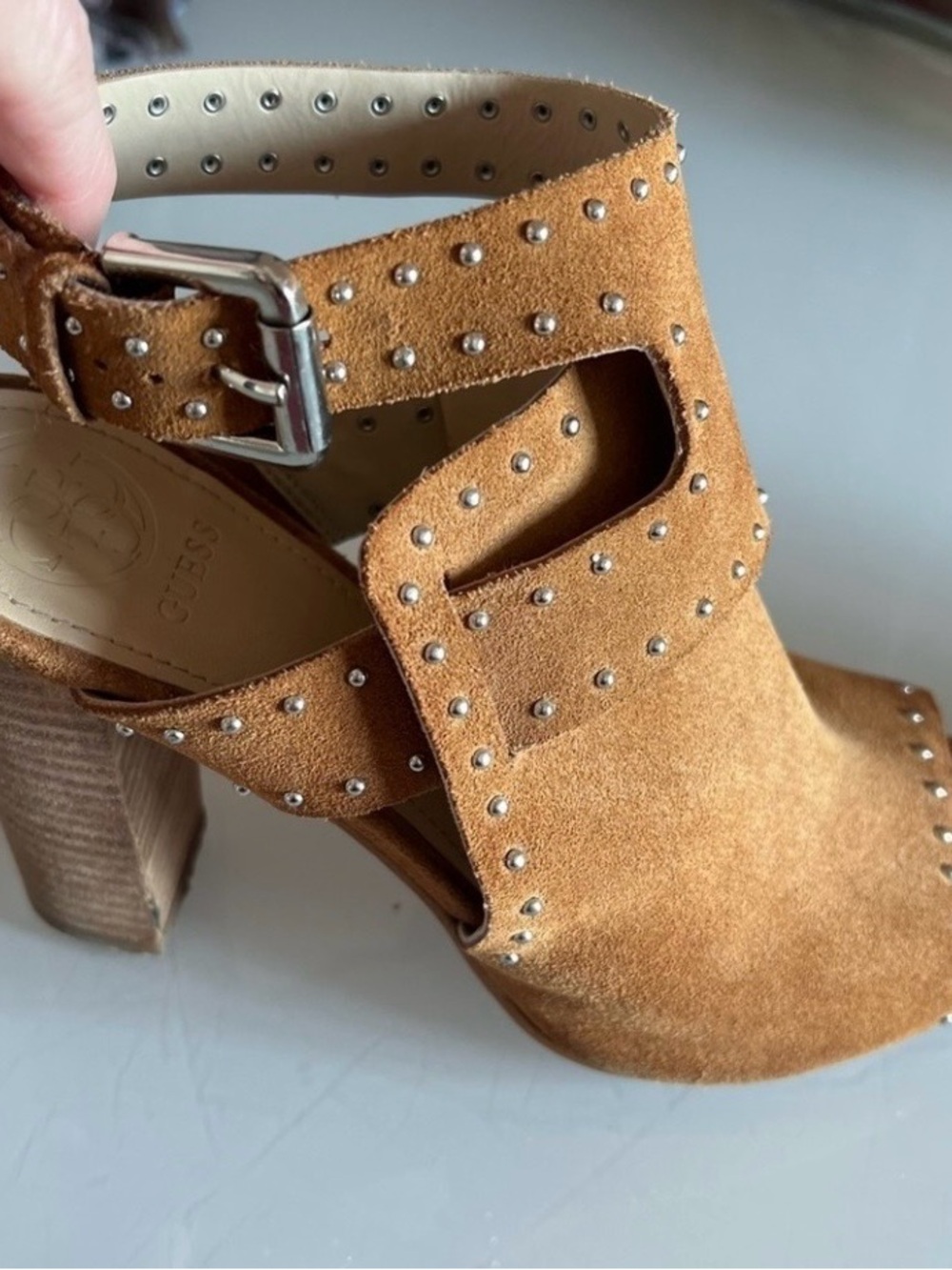 GUESS Tan Suede Studded Block Heel Sandals